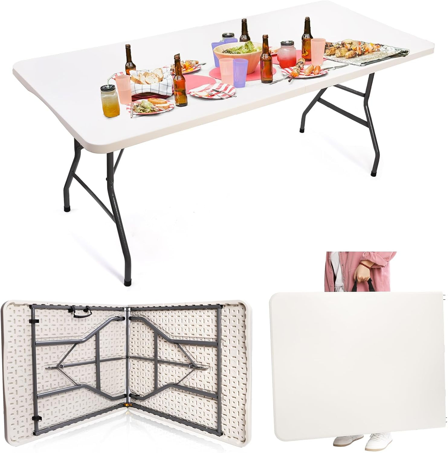 6 Foot Folding Table, Portable Plastic Dining Table, Fold-in-Half Heavy Duty Table Indoor Outdoor for Camping, Picnic, Party, BBQ, Wedding, White