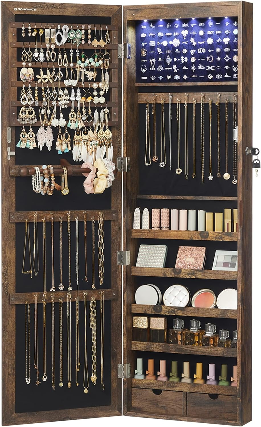 6 LEDs Mirror Jewelry Cabinet Lockable 47.2" H Wall/Door Mounted Jewelry Armoire Organizer Rustic Brown