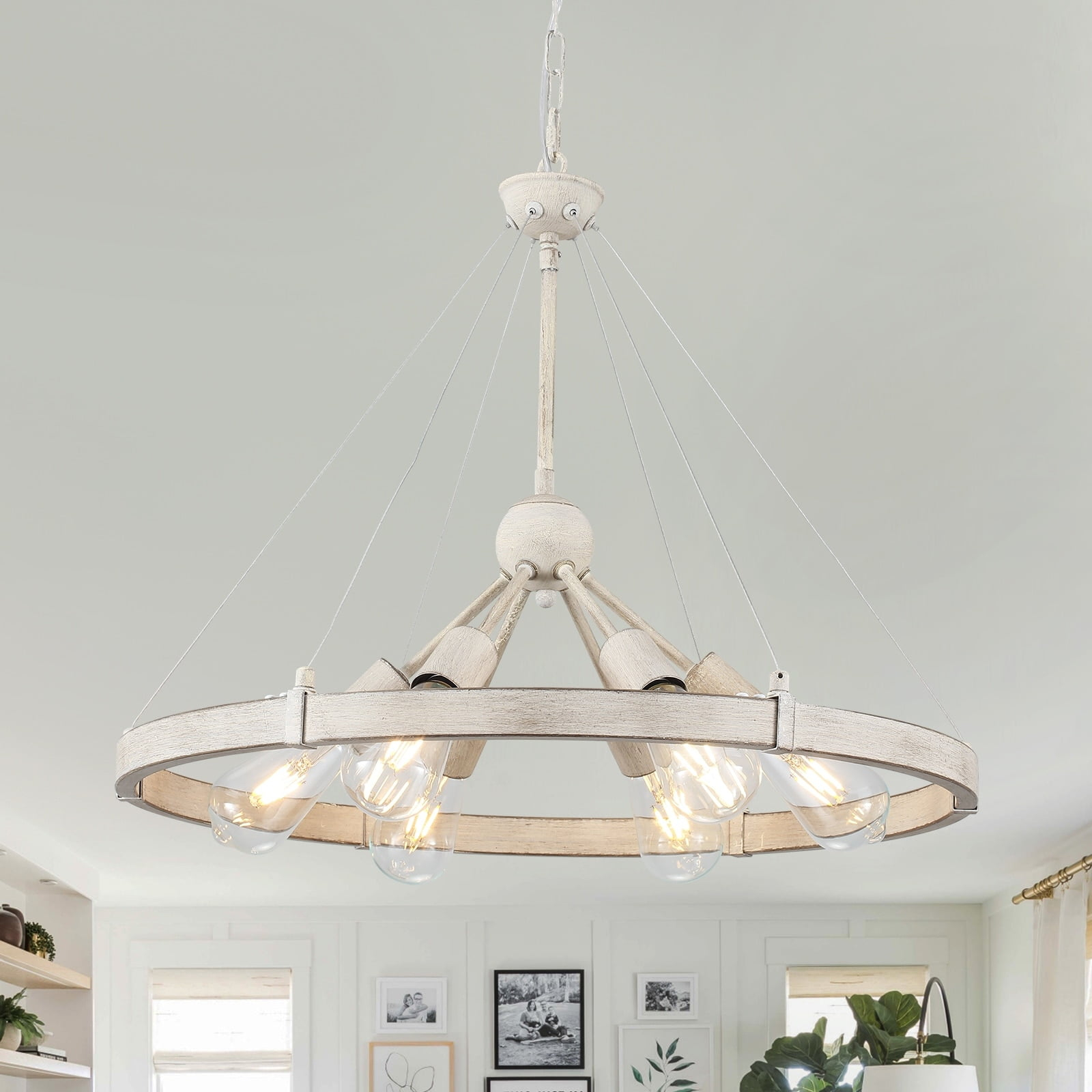 6-Light Dimmable Sputnik Chandelier, Farmhouse Wagon Wheel Chandelier  for Dining Room Living Room Bedroom Kitchen Antique Gray