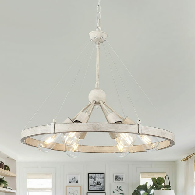 6-Light Dimmable Sputnik Chandelier, Farmhouse Wagon Wheel Chandelier  for Dining Room Living Room Bedroom Kitchen Antique Gray