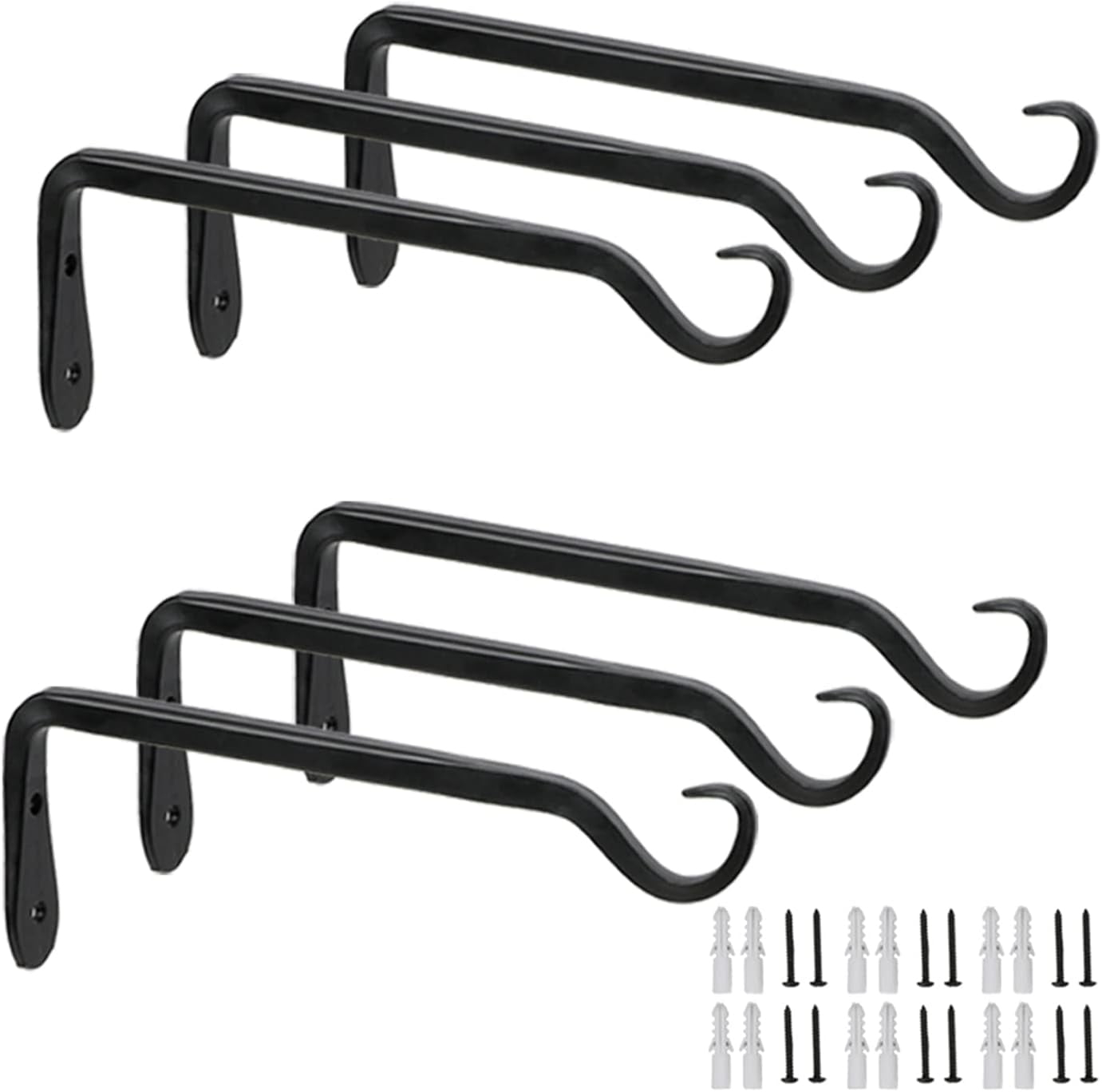 6-Pack 7" Plant Hanger Bracket - Forged Wrought Iron Powder-Coated Heavy Duty Wall Hook - Black Plant Hanging Hooks - Durable and Stable for Bird Feeders, Planters Indoor & Outdoor