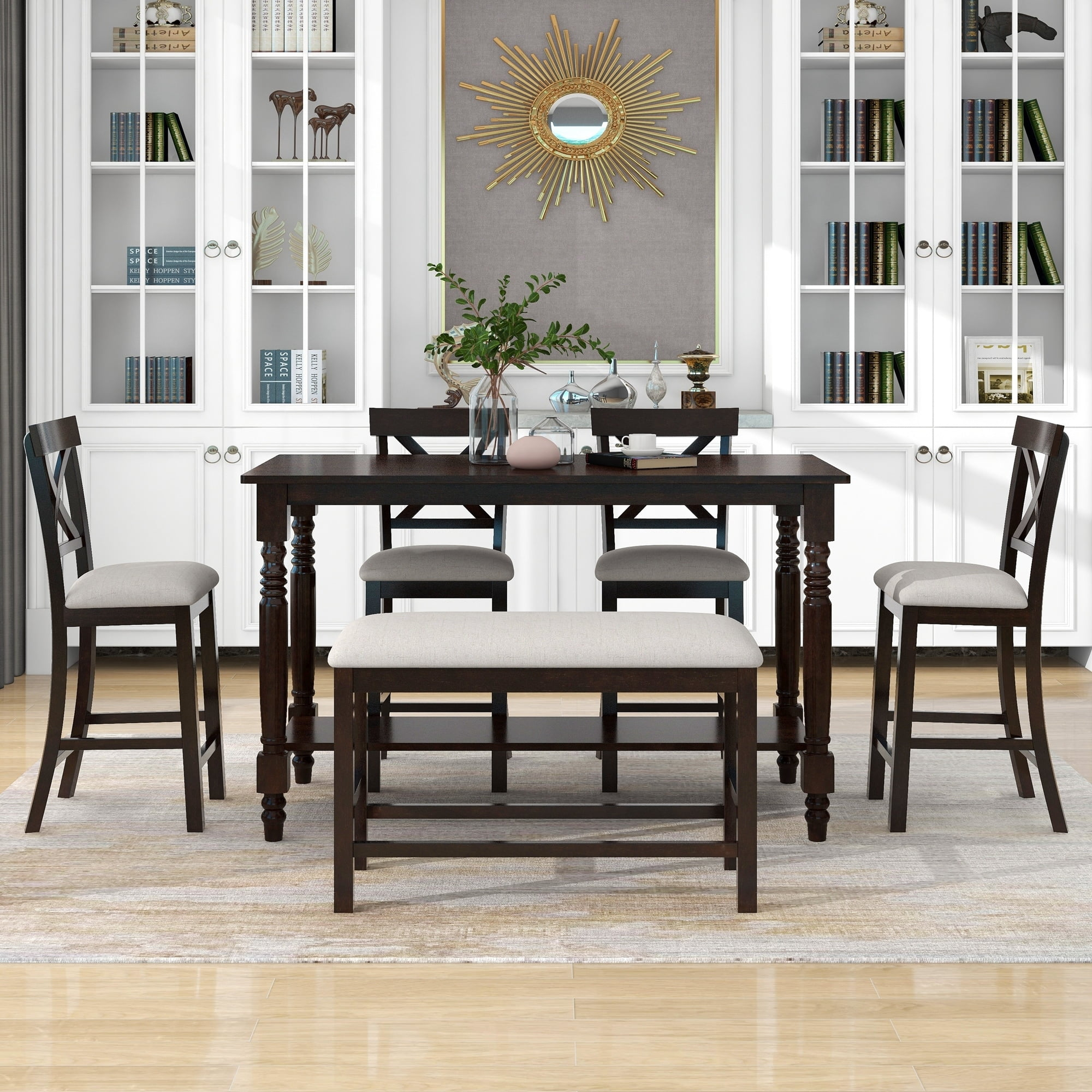 6-Piece Counter Height Dining Table Set Table with 4 Chairs & Bench Espresso