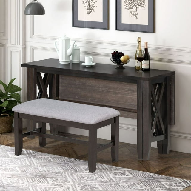 6-Piece Dining Room Set Solid Wood Table and 4 Chairs with Bench Espresso