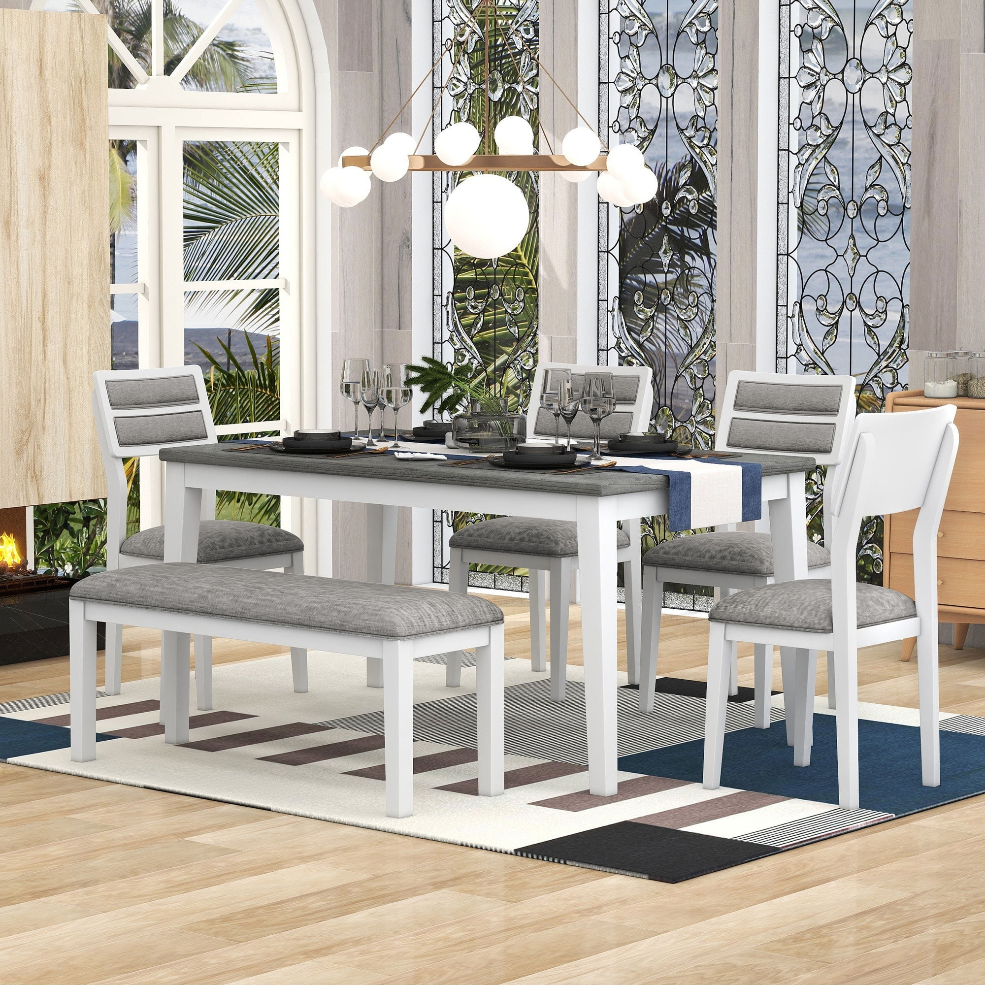 6-Piece Dining Set, Includes Dining Table, 4 Upholstered Chairs & Bench White+Grey