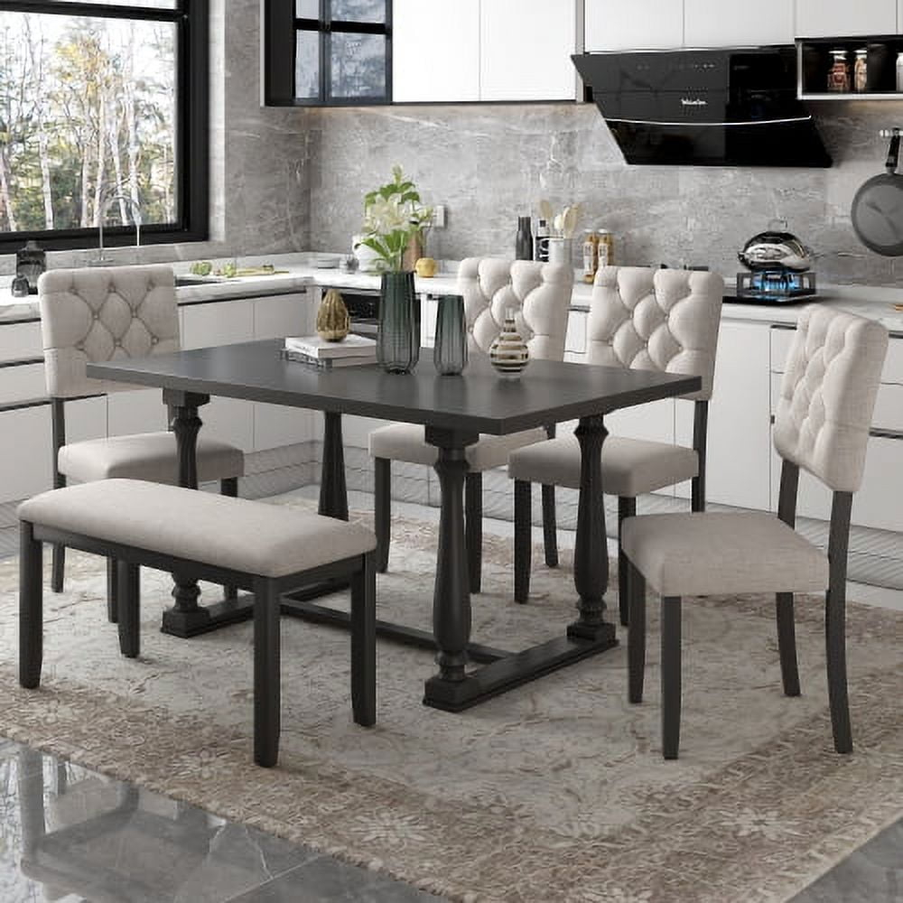 Kitchen Dining Set for 6, Retro Style Rectangular Wood Table and 4 Chairs 1 Bench with Special-Shaped Legs and Foam-Covered Seat Backs&Cushions for Family,(6 Pieces,Grey)