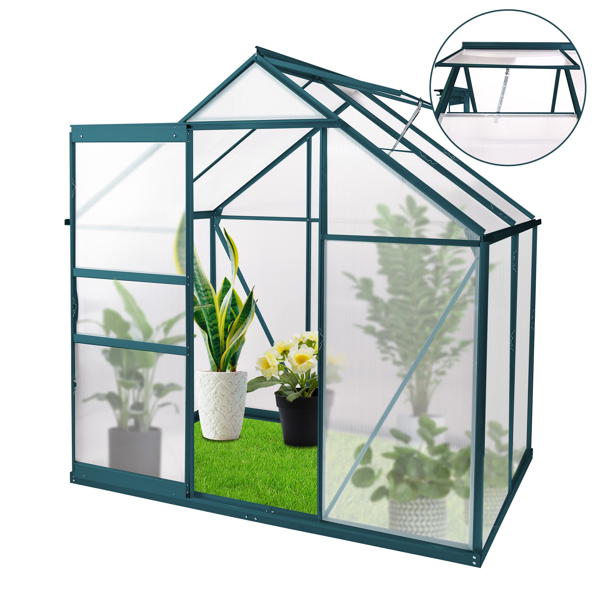 6'X 4' Walk-in Polycarbonate Greenhouse with Sliding Door, Vent Window, Rain Gutter for Outdoor, Aluminum Heavy Duty Greenhouse Kit for Backyard Use in Winter , All Season