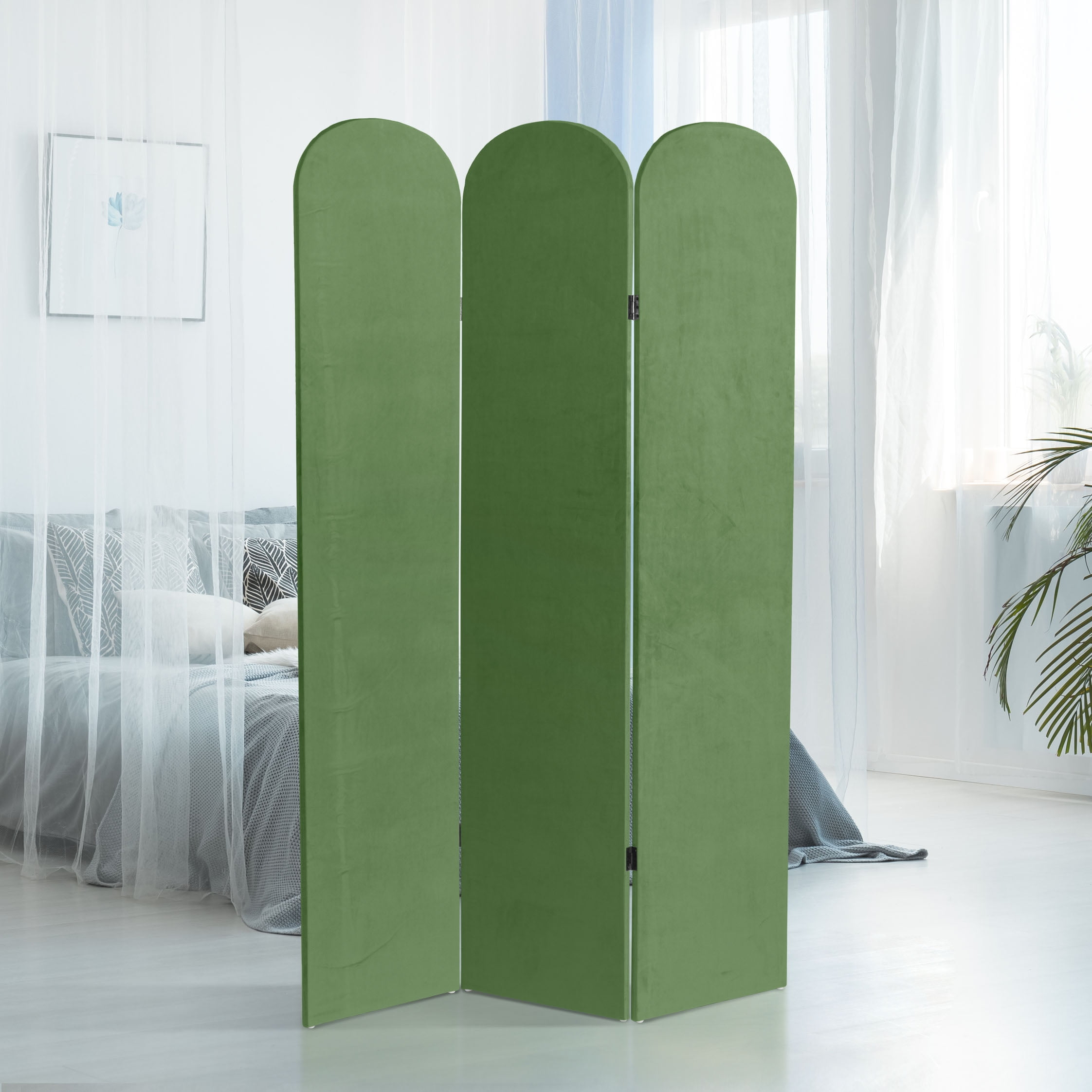 6 ft. Classic Arch Velvet Room Divider Green 3 Panel