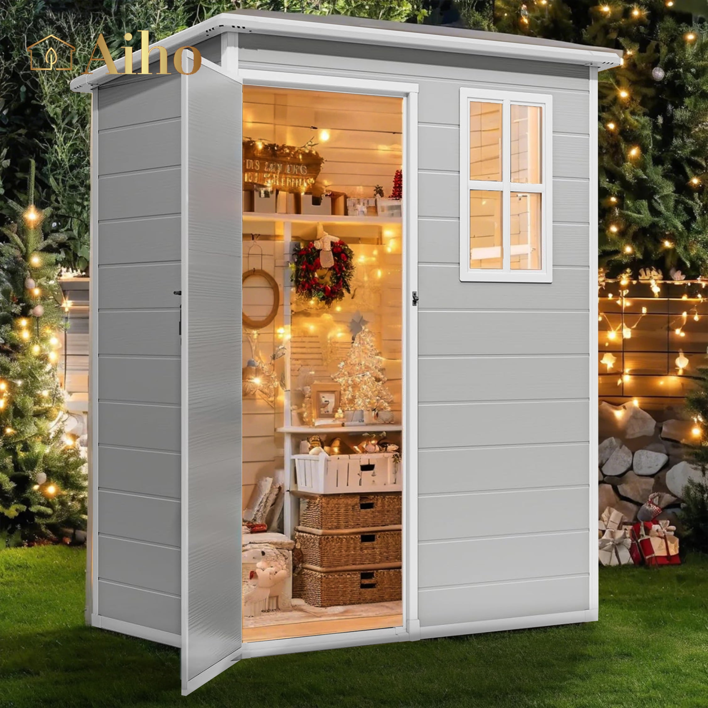 Aiho 8x6ft Secure Lockable Storage Shed - Outdoor Garden Shed with Double Doors, Gray