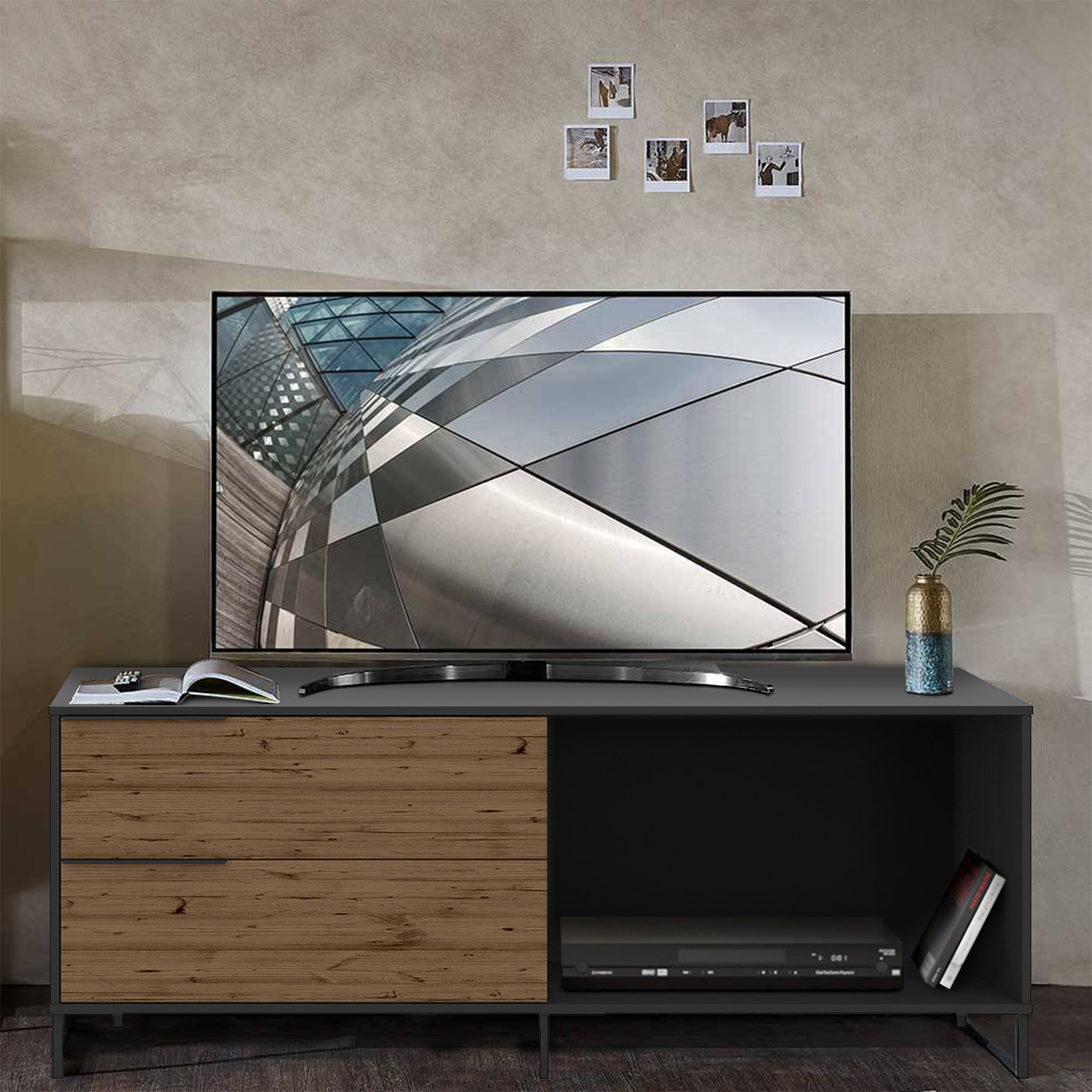 The Urban Port 60 Inch Wood and Metal Entertainment TV Stand with 2 Drawers, Brown and Black
