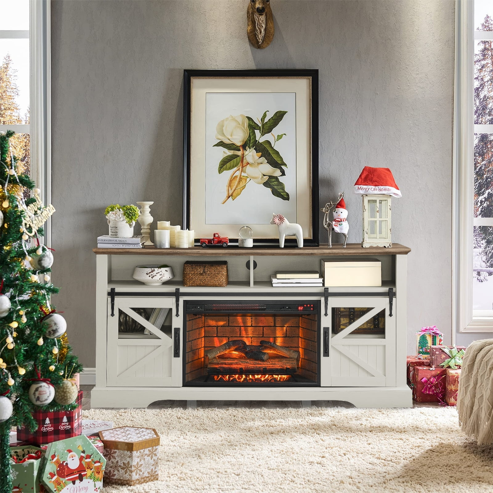 60"W Fireplace TV Stand with Sliding Barn Door, Farmhouse TV Console - 60"L x 15.75"W x 32"H Jasmine White
