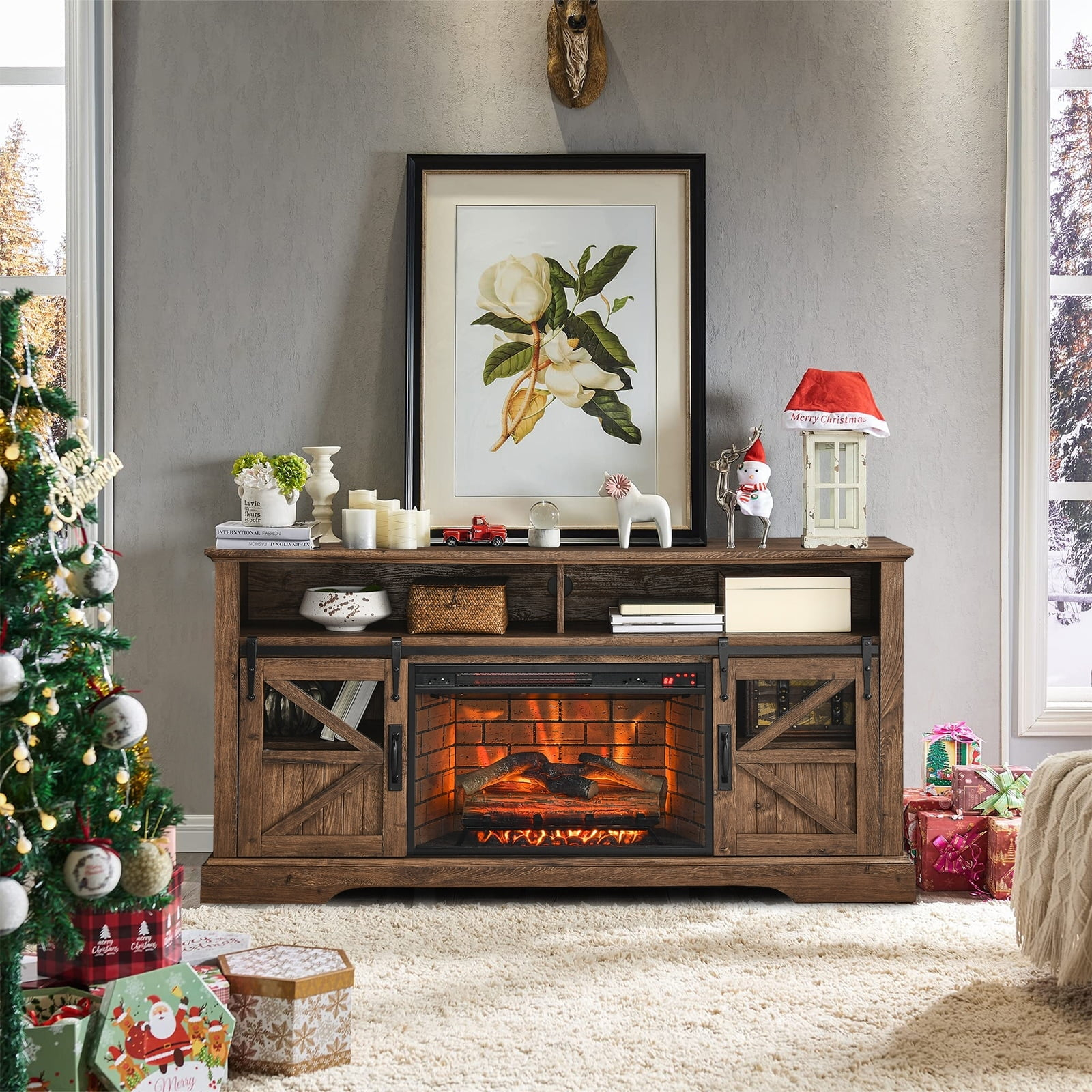 60"W Fireplace TV Stand with Sliding Barn Door, Farmhouse TV Console - 60"L x 15.75"W x 32"H Reclaimed Barnwood