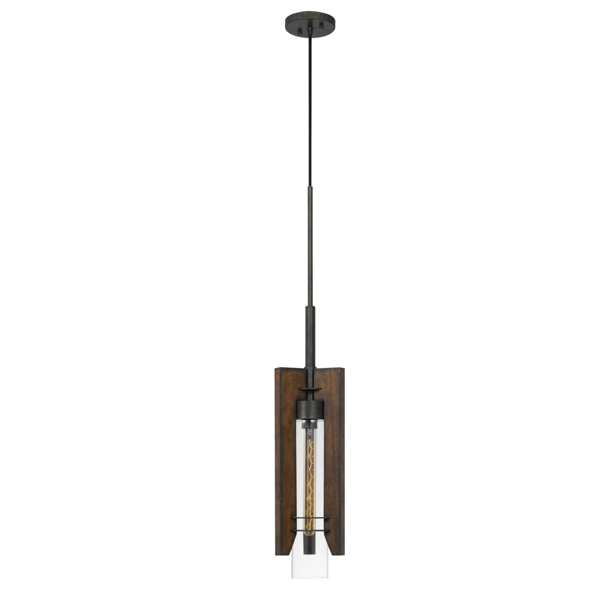 60 Watt Metal Frame Pendant Fixture with Wood and Glass Shade, Brown- Saltoro Sherpi