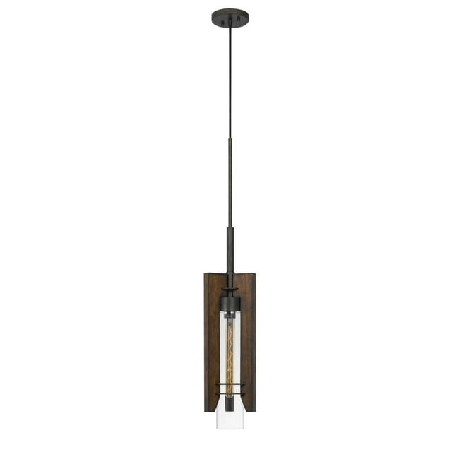 60 Watt Metal Frame Pendant Fixture with Wood and Glass Shade, Brown- Saltoro Sherpi