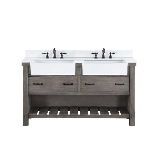 60 in. Villareal Double Bathroom Vanity, Classical Grey with Composite Stone Top in White, White Farmhouse Basin