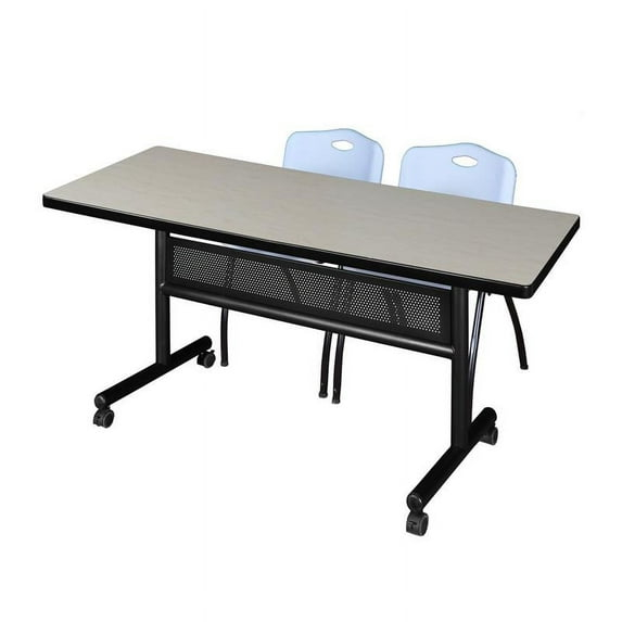 60" x 30" Flip Top Mobile Training Table w/ Divider- Maple & 2 Stack Chairs