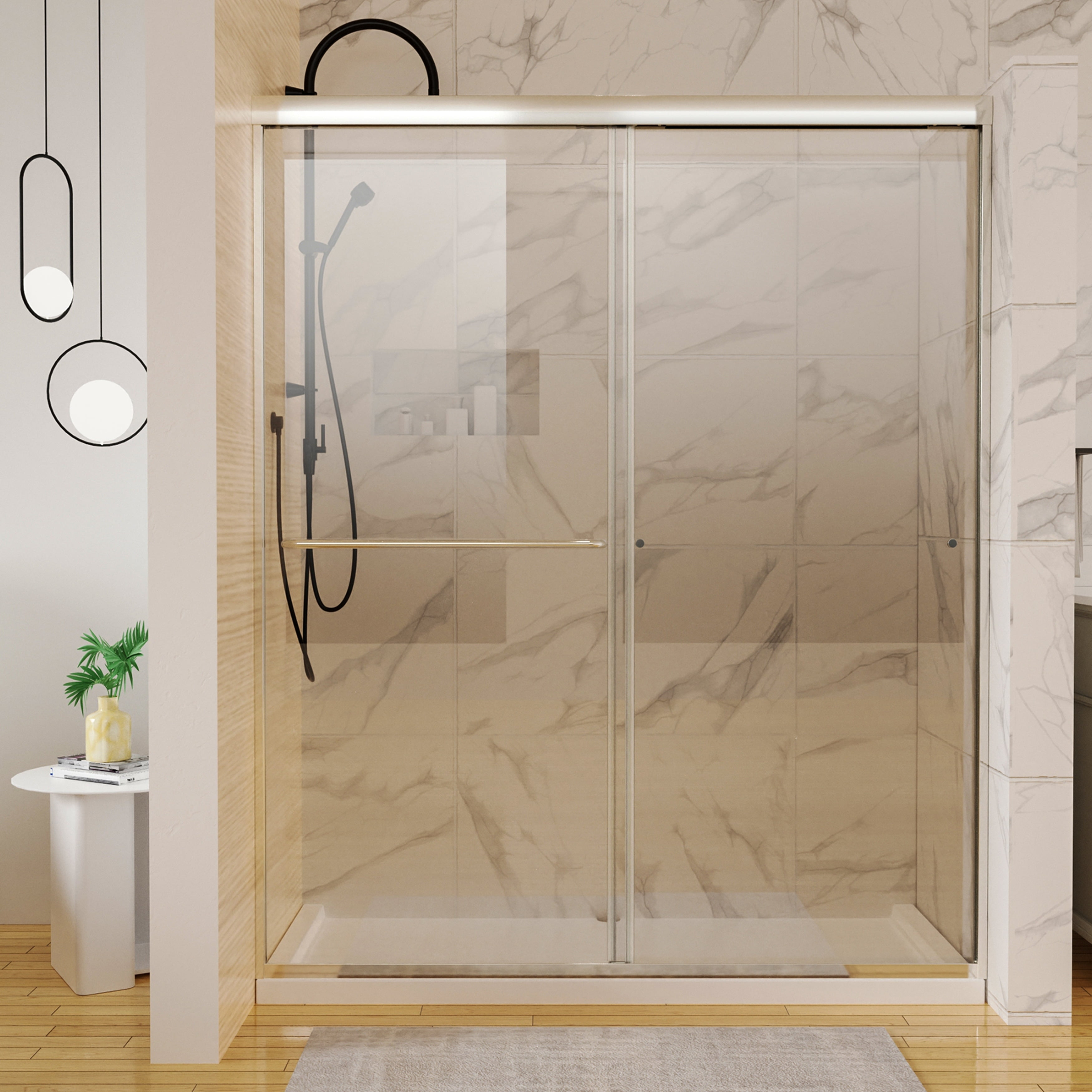 60''x72'' Double Sliding Semi-Frameless Shower Door with 6mm Tempered Glass Brushed Nickel