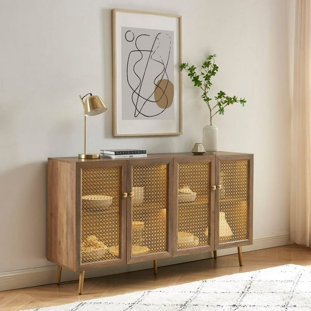 61.7''W Four Door Wood Buffets and Sideboards Storage Cabinet with LED Light Rustic Oak