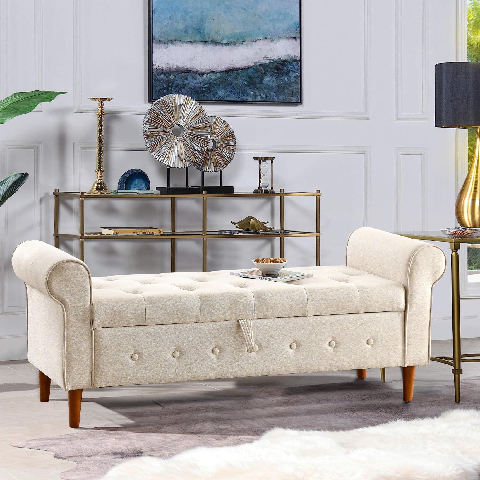 62" Storage Ottoman Bench, Button Tufted Linen Entryway Bench with Wood Veneer, wood Legs, Armrests, Large Storage Bench for Living Room, Bedroom, End of Bed, Entryway, Beige