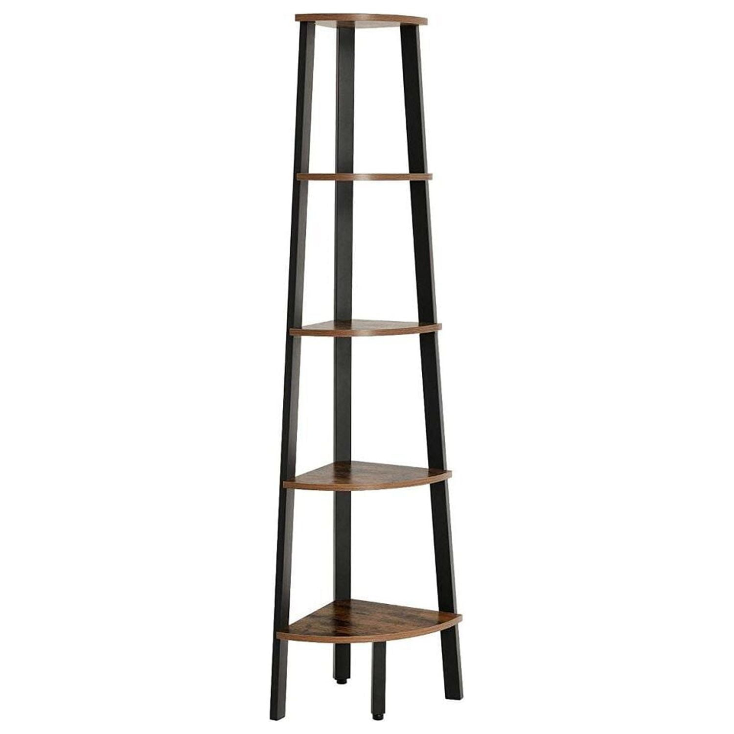 63 Inch Corner Bookcase 5 Tier Shelves, Ladder Storage, Rustic Brown, Black - Saltoro Sherpi