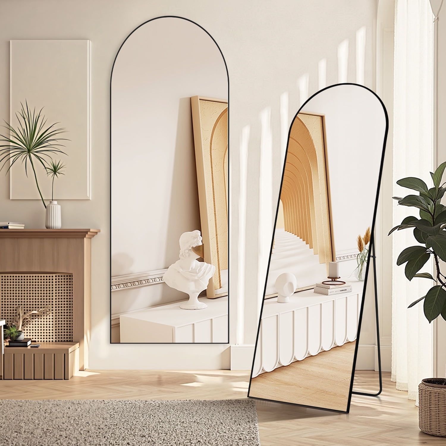 Blorly 21" x 64" Black Modern Arched Full Length Wall Mirror,Body Floor Mirror with Stand