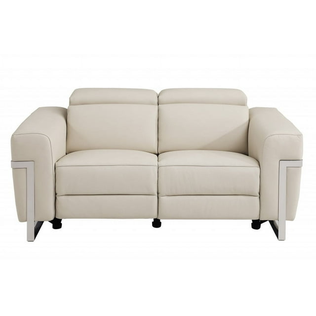 65" Beige Italian Leather with Chrome Accents Reclining Love Seat