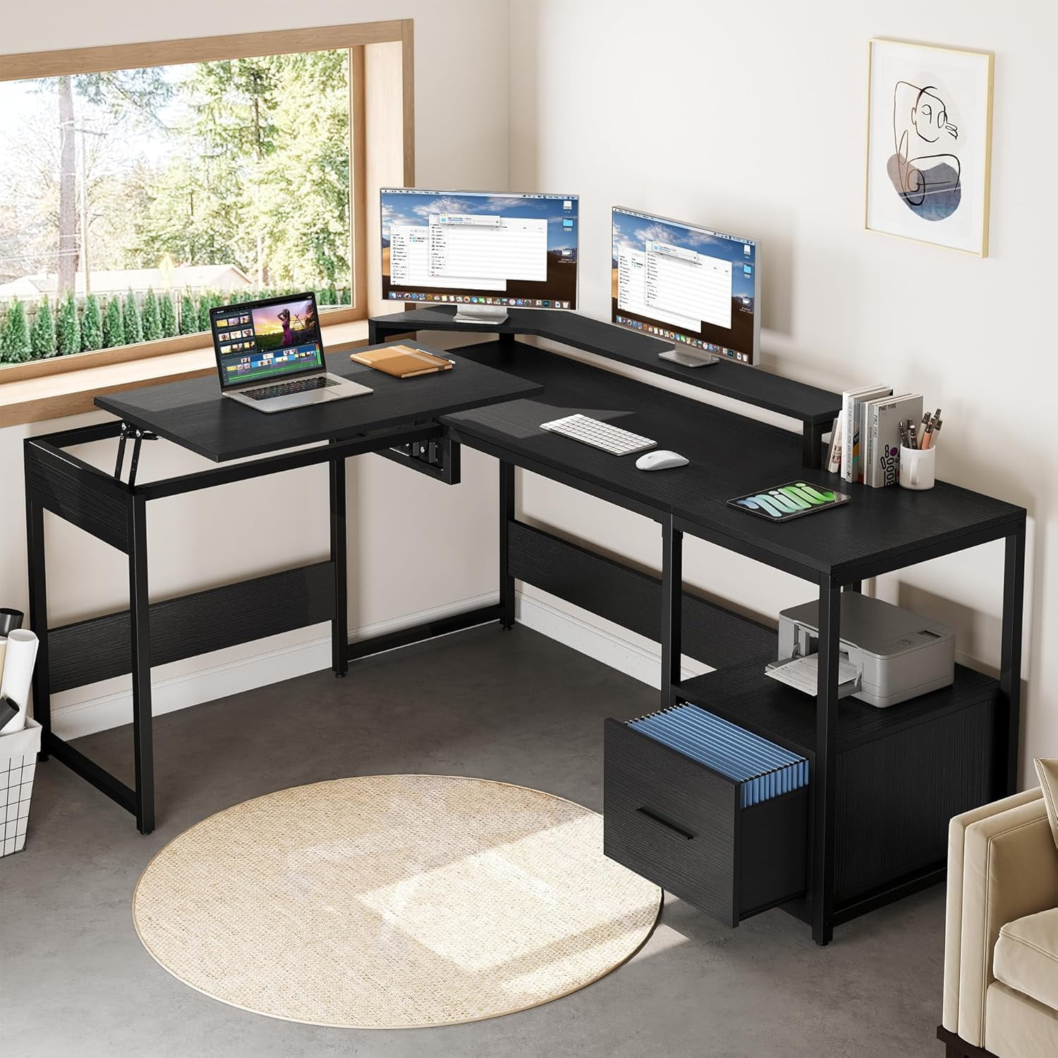 L Shaped Computer Desk with File Drawer, 65" L Shaped Desk with Monitor Stand, Height Adjustable Standing Desk , Black