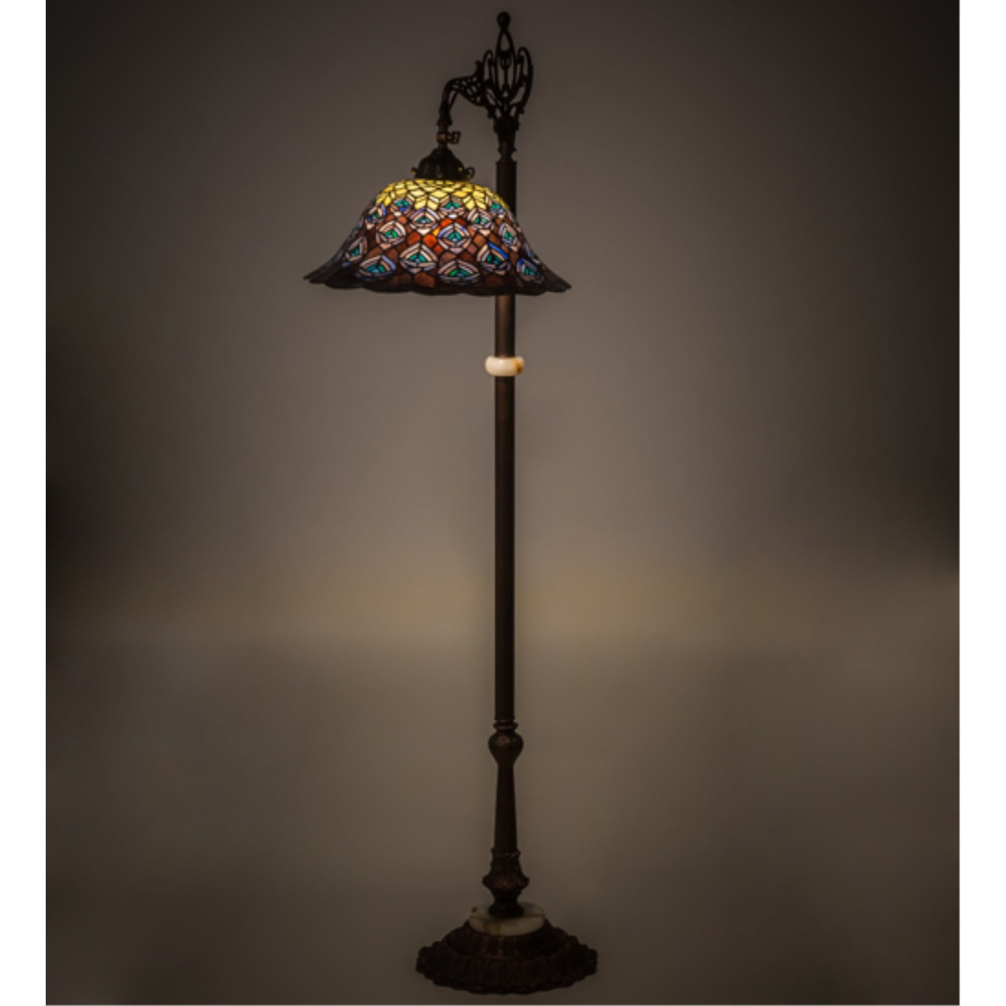 65840 Meyda 61"H Tiffany Peacock Feather Bridge Arm Floor Lamp