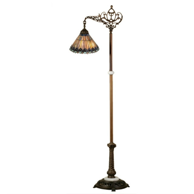 65841 Meyda 60"H Tiffany Jeweled Peacock Bridge Arm Floor Lamp