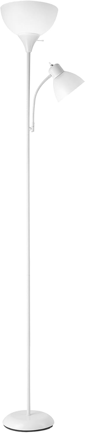 67136 72" Torchiere Floor Lamp + Adjustable Reading Light, Matte White, Frosted Plastic Shade, 3-Step Rotary Switch on Socket, Living Room Décor, Reading Light, Home Essentials