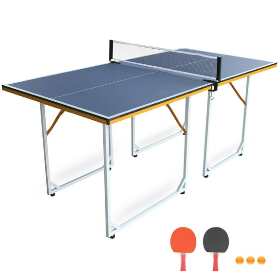 6Ft Foldable Table Tennis Game Set, Mid-Size Ping Pong Table, Indoor/Outdoor Portable Table Tennis Table Set with Ping Pong Net, 2 Table Tennis Paddles and 3 Balls, Sliver+Cyan