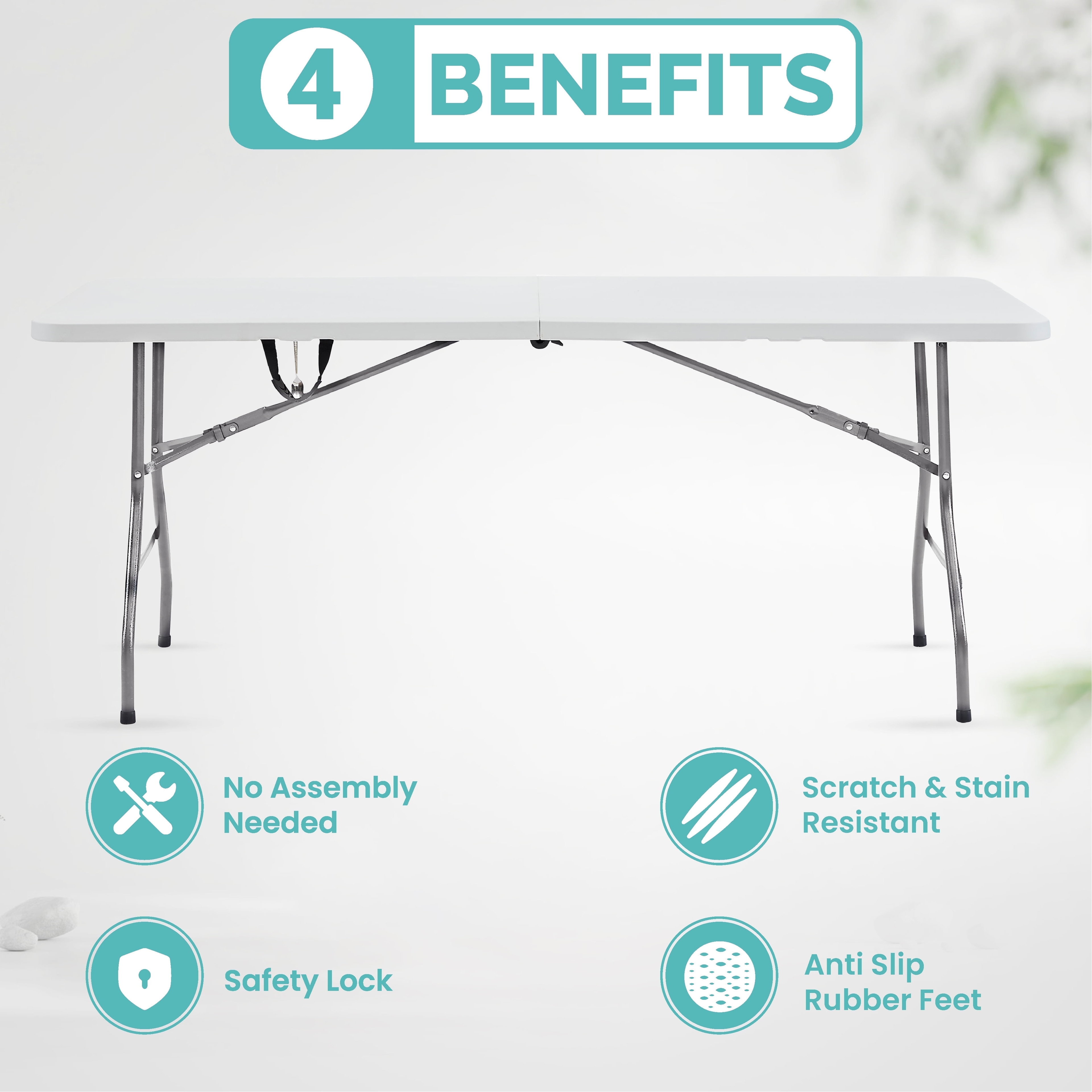 6ft Folding Table Multipurpose Foldable Dinner Table Portable Folding Rectangular Resin Table for Outdoor Camping Picnic Party by Naomi Home - White