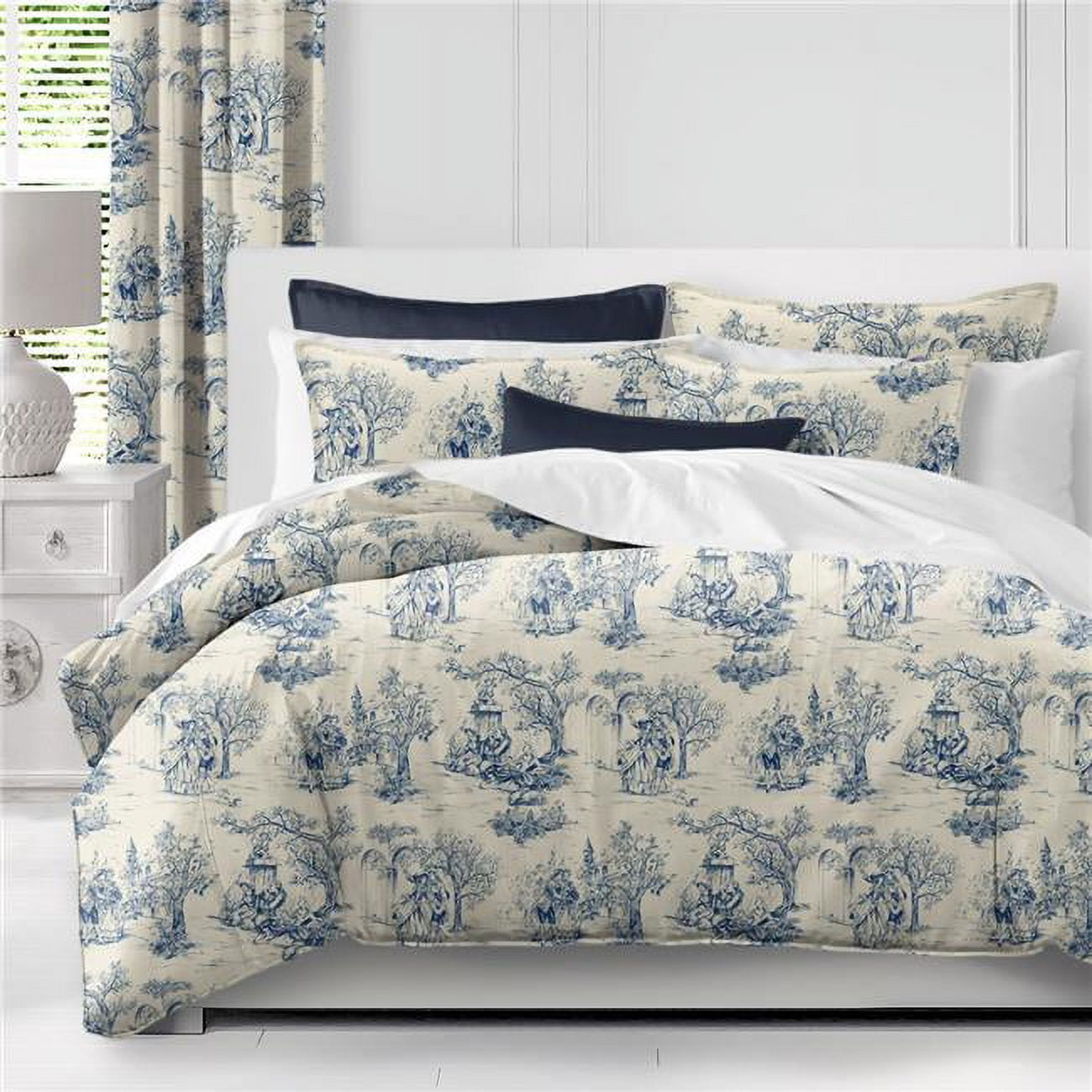6ix Tailors  Archamps Toile Coverlet & 1 Pillow Sham Set, Blue - Twin Size - 2 Piece