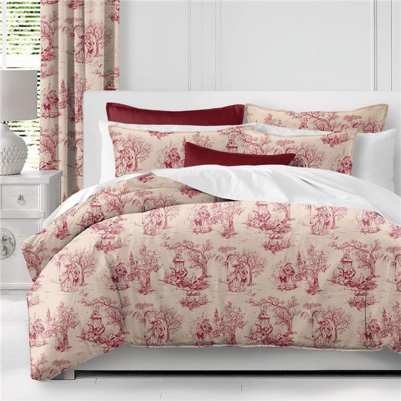 6ix Tailors  Archamps Toile Duvet Cover & 1 Pillow Sham Set, Red - Twin Size - 2 Piece