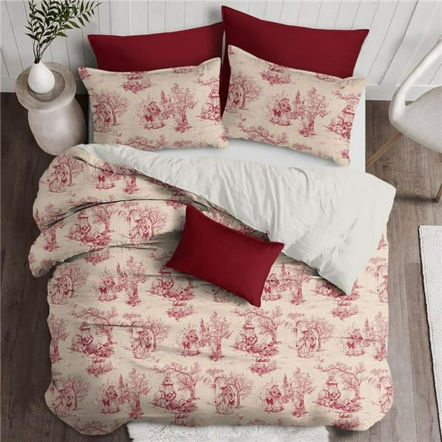 6ix Tailors  Archamps Toile Duvet Cover & 1 Pillow Sham Set, Red - Twin Size - 2 Piece