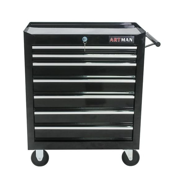 7 Drawer Tool Cart on Wheels, Tool Storage Cabinet with Key Lock, Versatile Rolling Tool Cart for Garages, Warehouses and Repair Shops, Black
