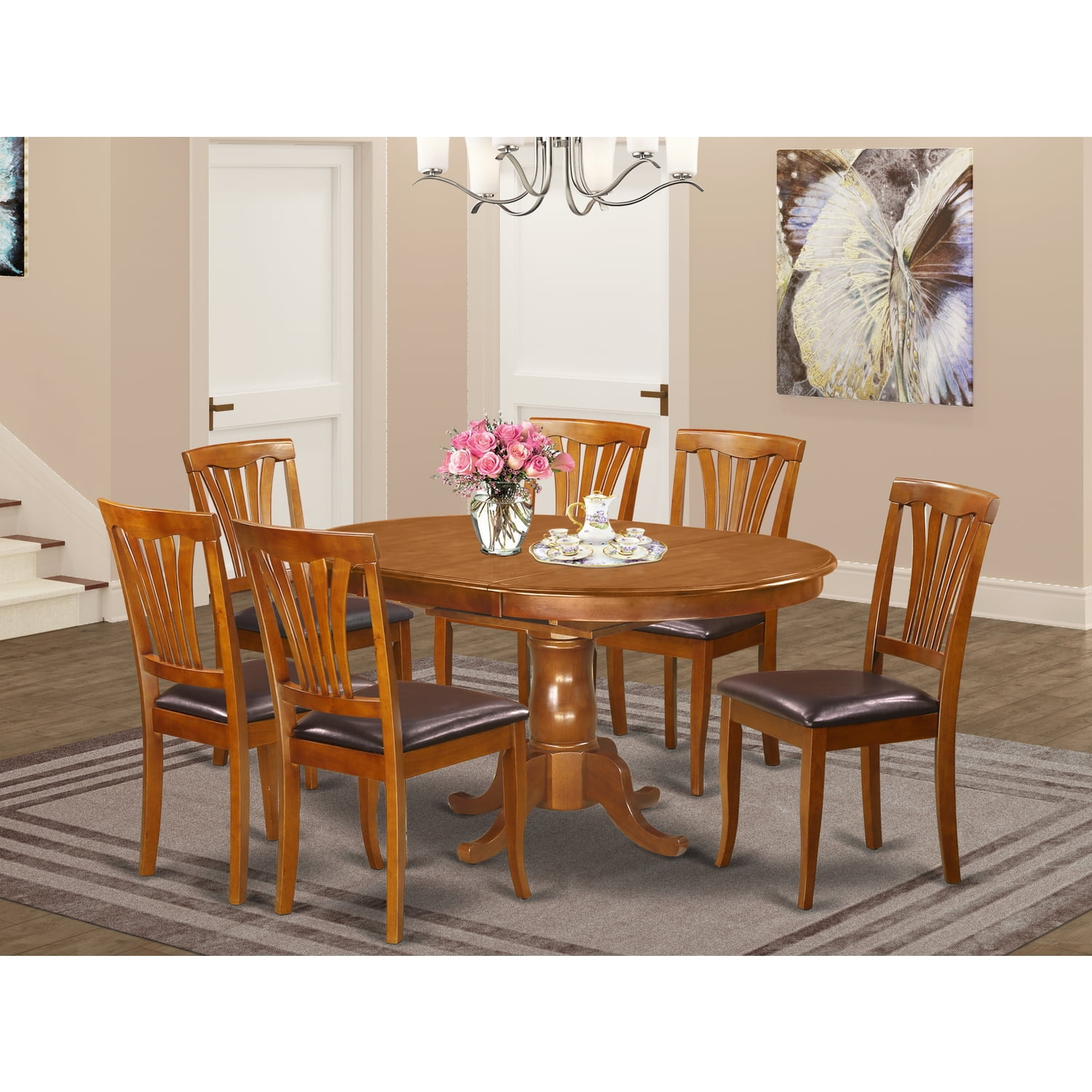 7 Pc set Portland Kitchen Table with Leaf and 6 Leather Chairs in Saddle Brown