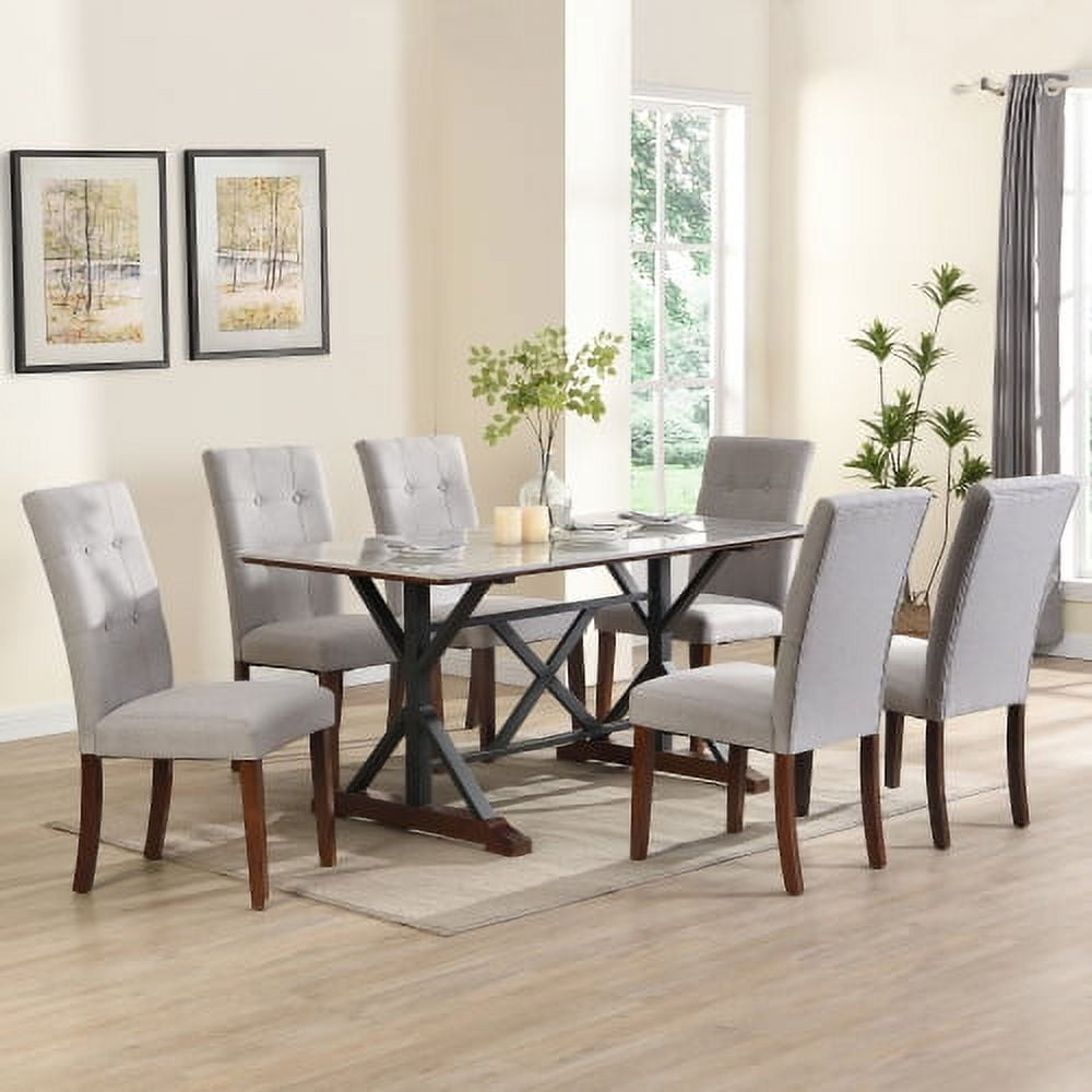 7-Piece Modern Dining Table Set, Gray Sintered Stone Dining Table with 6 Tufted Upholstered Chairs, 63-inch Rectangle Dining Table for Dining Room