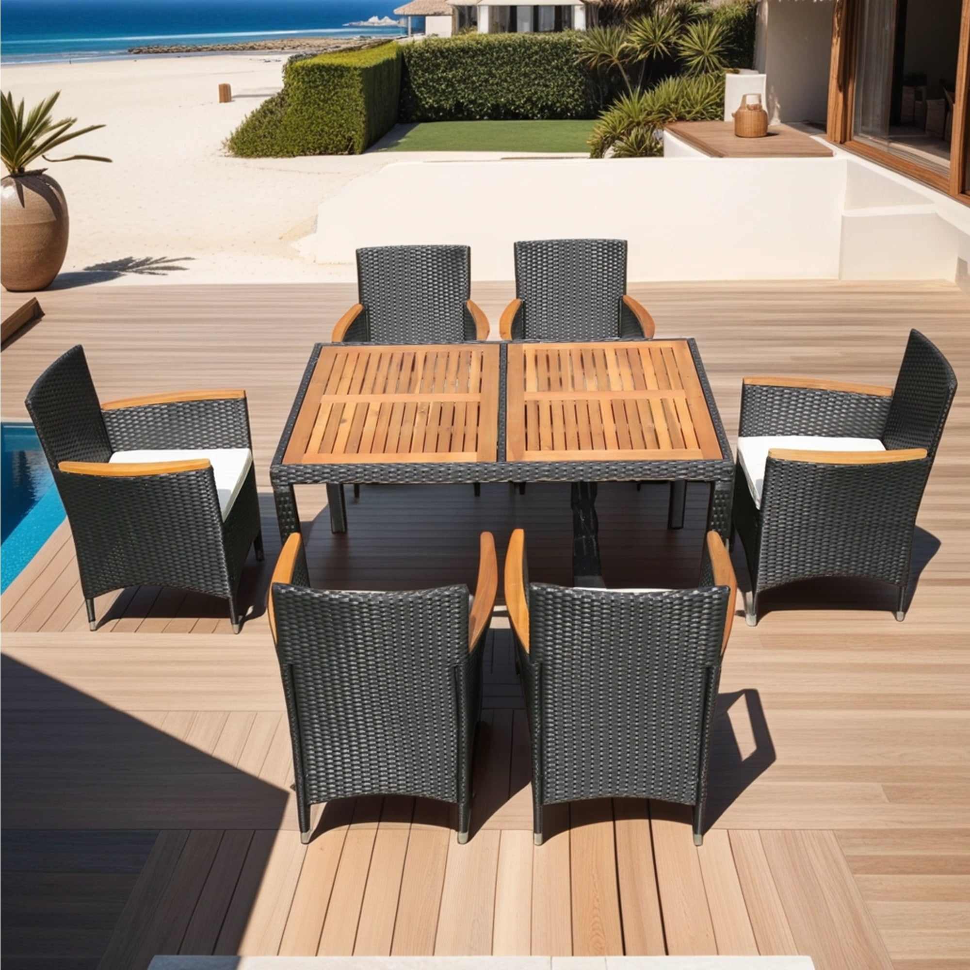 7 Piece Outdoor Patio Dining Set Indoor Outdoor Wicker Dining Furniture Set with Brown Rattan Dining Table and Chairs with Cushions, Reddish-brown Tabletop