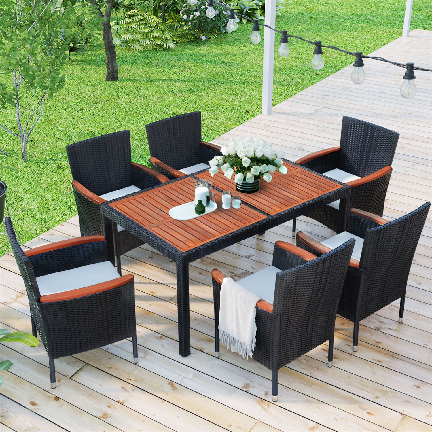 7 Piece Outdoor Patio Dining Set Indoor Outdoor Wicker Dining Furniture Set with Brown Rattan Dining Table and Chairs with Cushions, Reddish-brown Tabletop