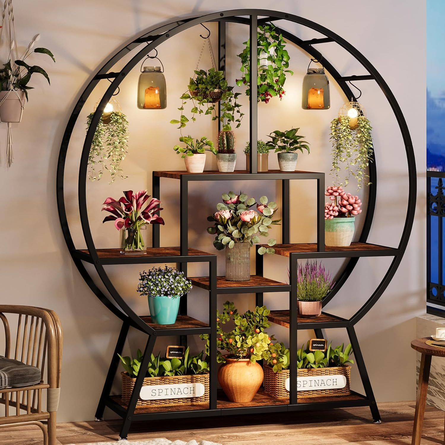 7-Tier Round Indoor Plant Stand, 65" Large Tall Plant Shelf with 6 S Hanging Hooks, Industrial Wood Flower Stand Bonsai Pots Display Rack for Indoor, Living Room, Patio, Balcony
