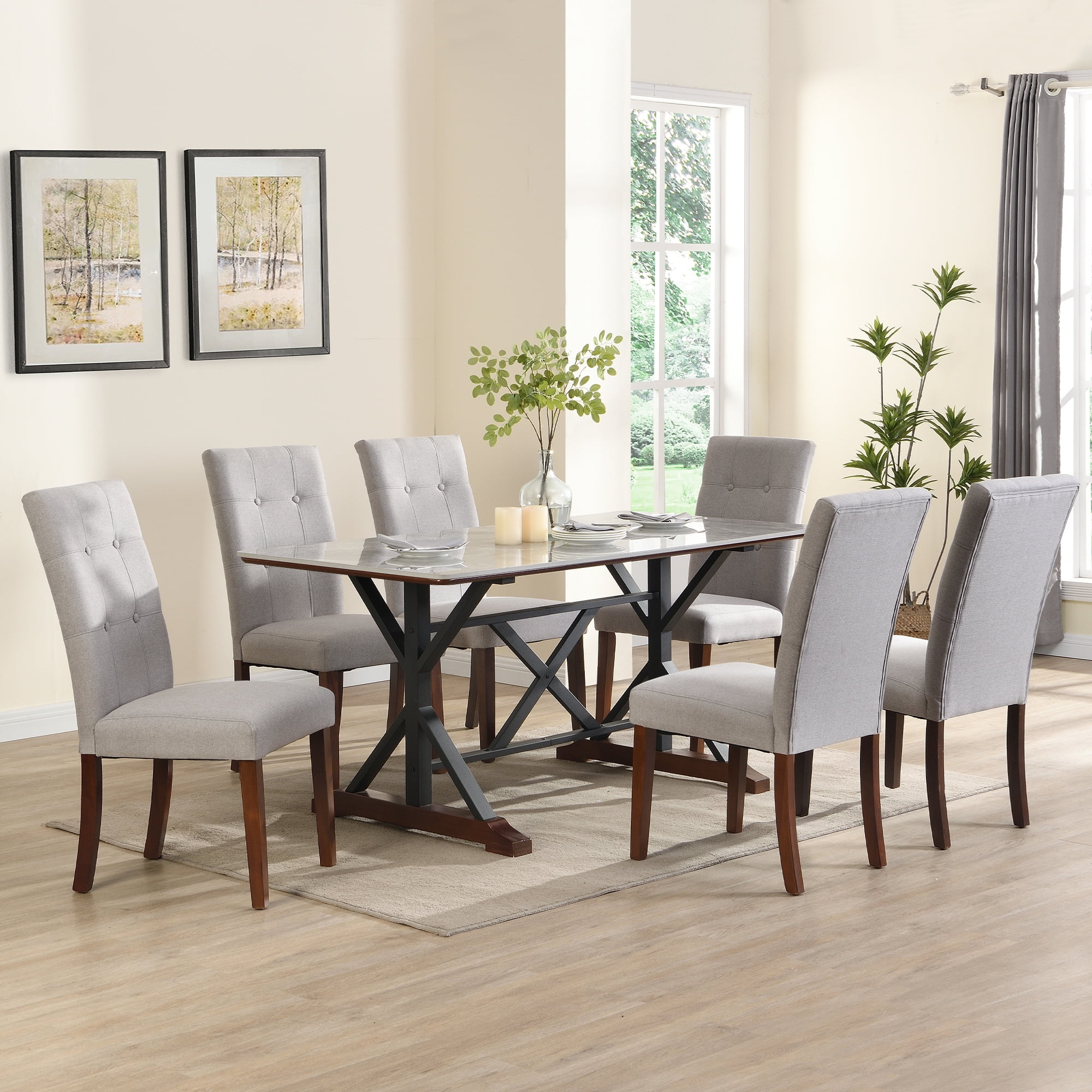 7-Piece Modern Dining Table Set, Gray Sintered Stone Dining Table with 6 Tufted Upholstered Chairs, 63-inch Rectangle Dining Table for Dining Room