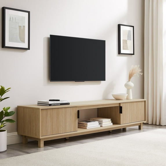 Walker Edison Mid-Century Modern Reeded 2-Door TV Stand for TVs up to 80”, Coastal Oak