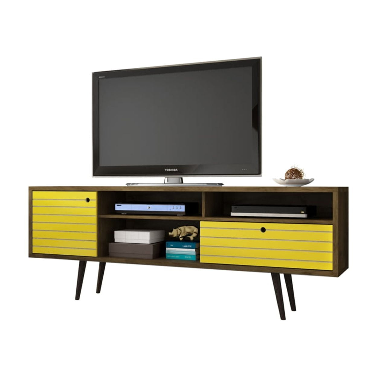 Manhattan Comfort 202AMC94 Liberty 70.86 in. Mid Century - Modern TV Stand with Solid Wood Leg 4 Shelving Spaces & 1 Drawer in Rustic Brown & Yellow