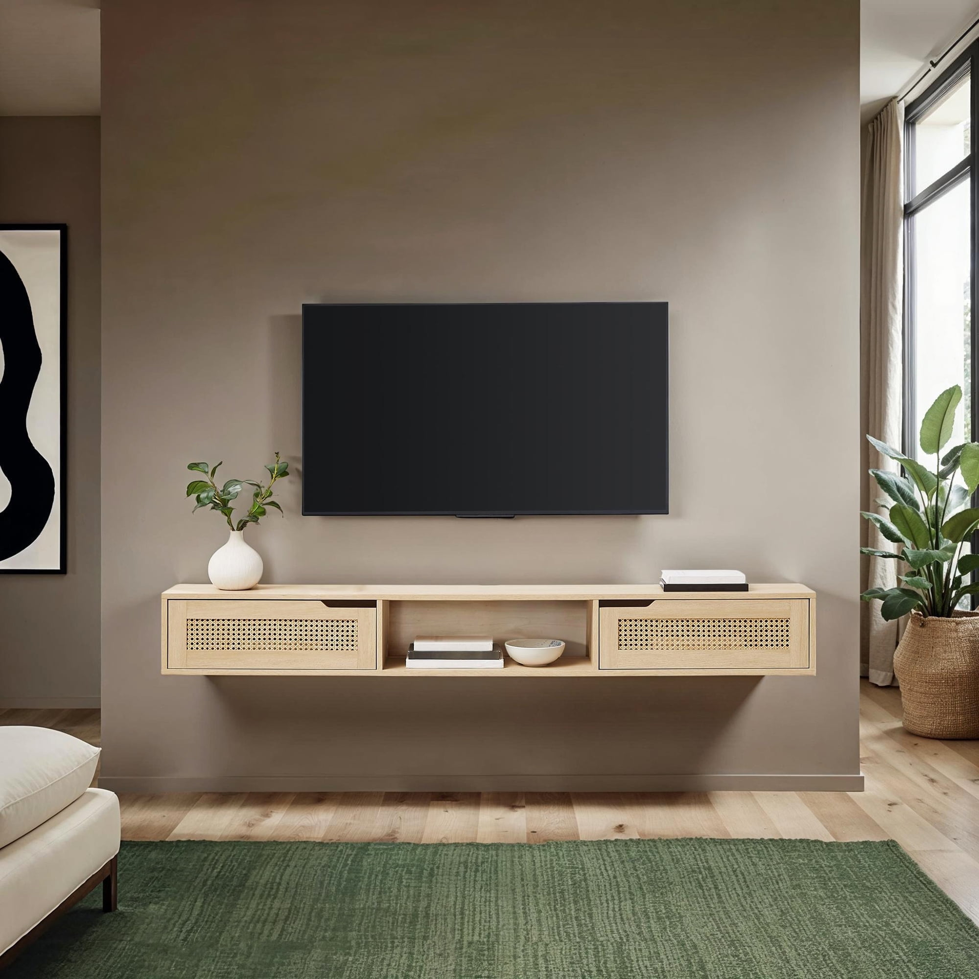 Manor Park Modern Rattan-Door Floating TV Stand for TVs up to 80”, Coastal Oak