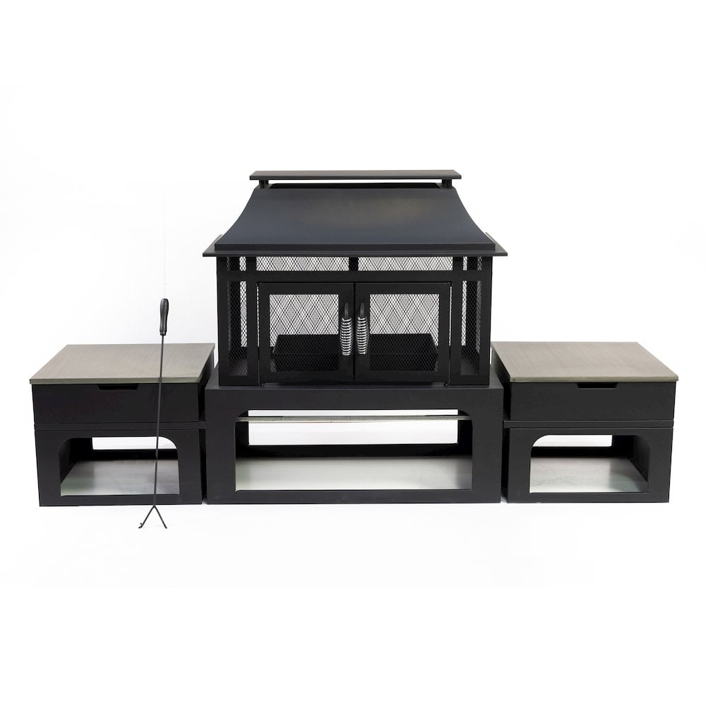 Deko Living Steel Woodburning Fireplace with Log Storage Compartment & Side Tables