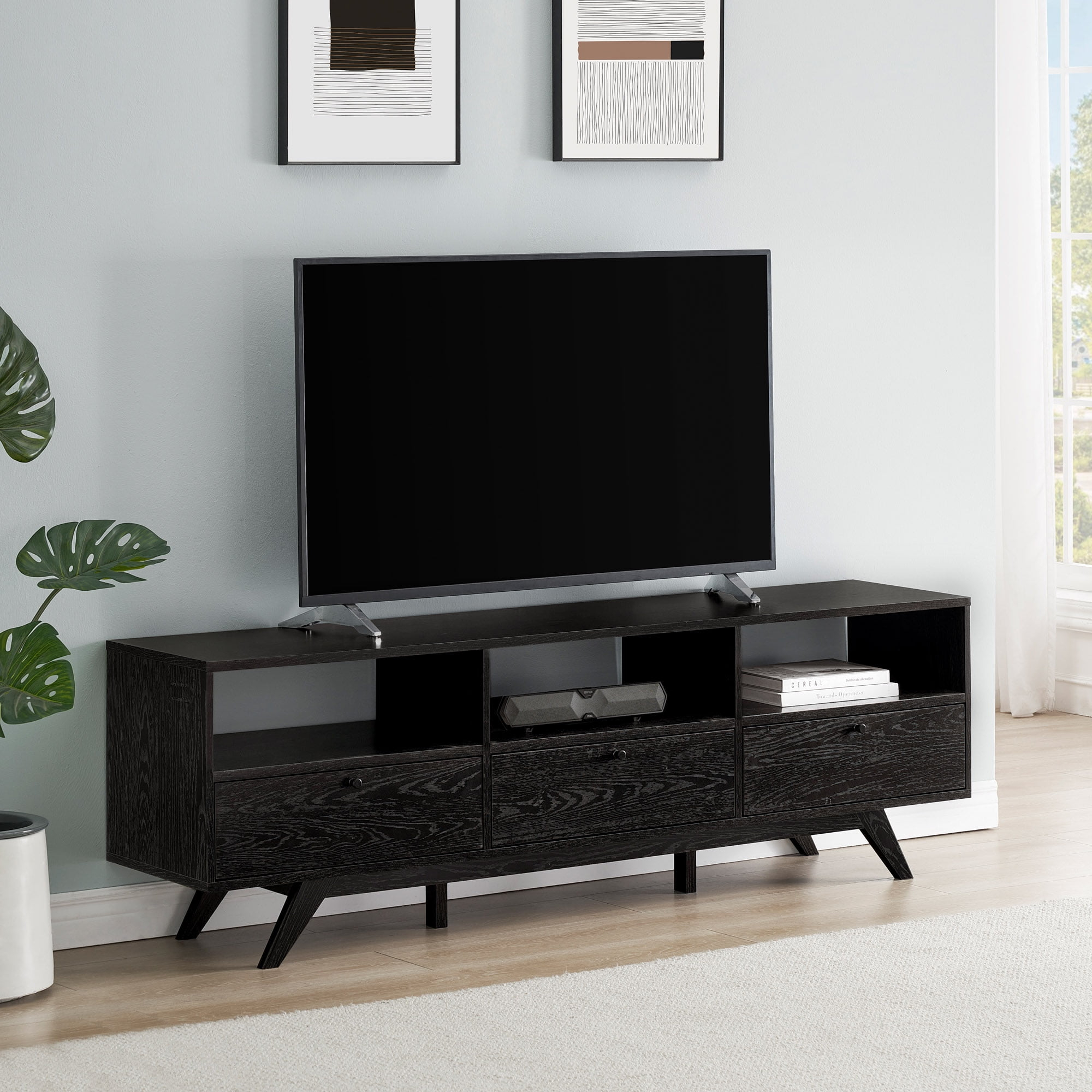 Walker Edison Mid-Century Modern Storage TV Stand for TVs up to 80”, Black