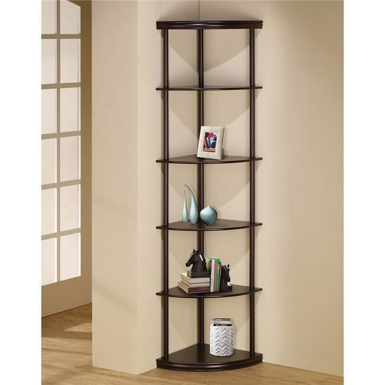 Benjara Illuminating corner bookcase with five pie shaped shelves, Brown-Color:Dark Brown