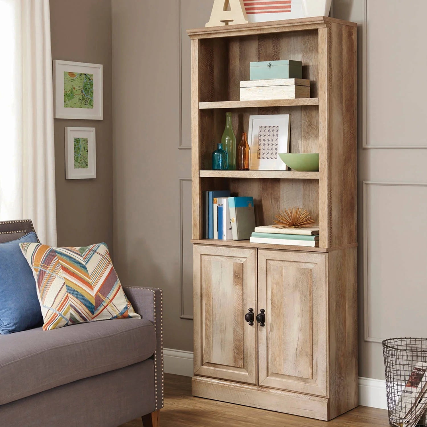 Better Homes & Gardens 71" Crossmill 5 Shelf Bookcase with Doors, Weathered Wood Finish
