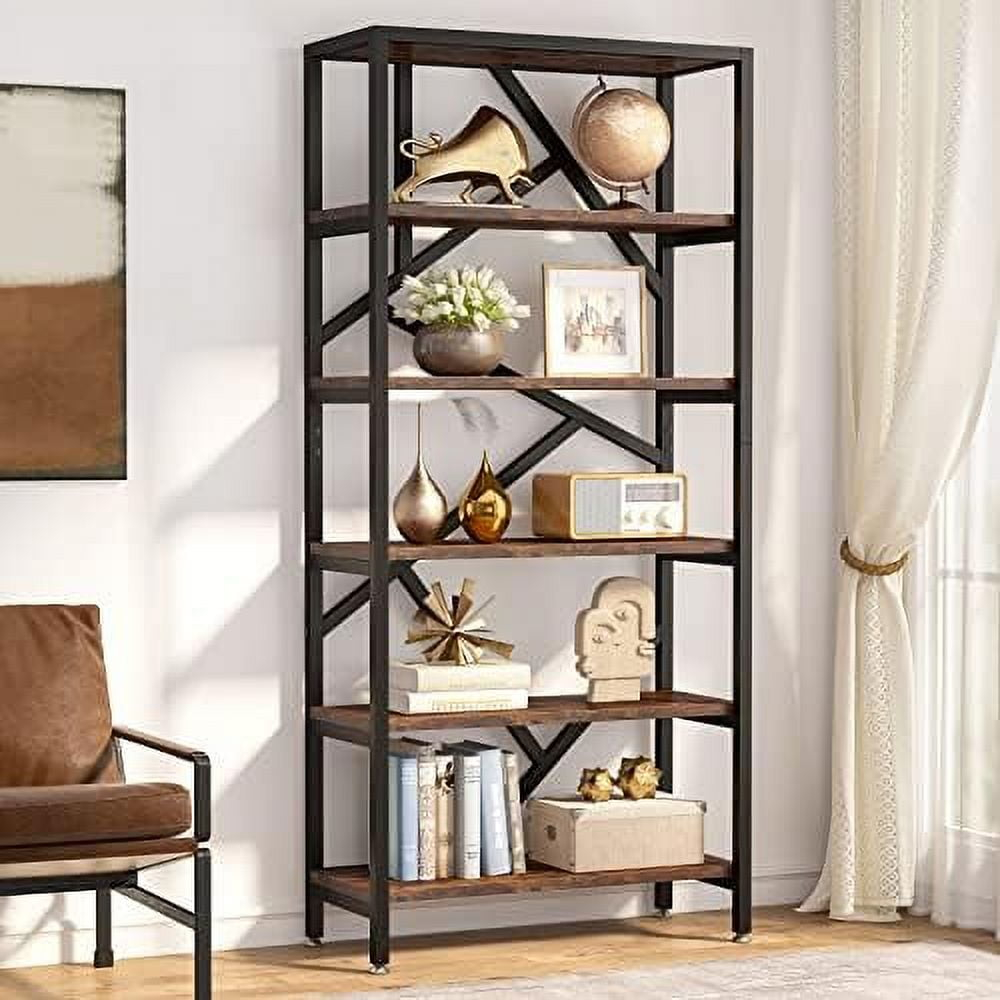 Lee 71 Inch Industrial Bookshelf, 6 Shelf Etagere Bookcase,Free Standing Open Book Shelves Storage Display Shelf Rustic Brown Wood Finish Industrial,