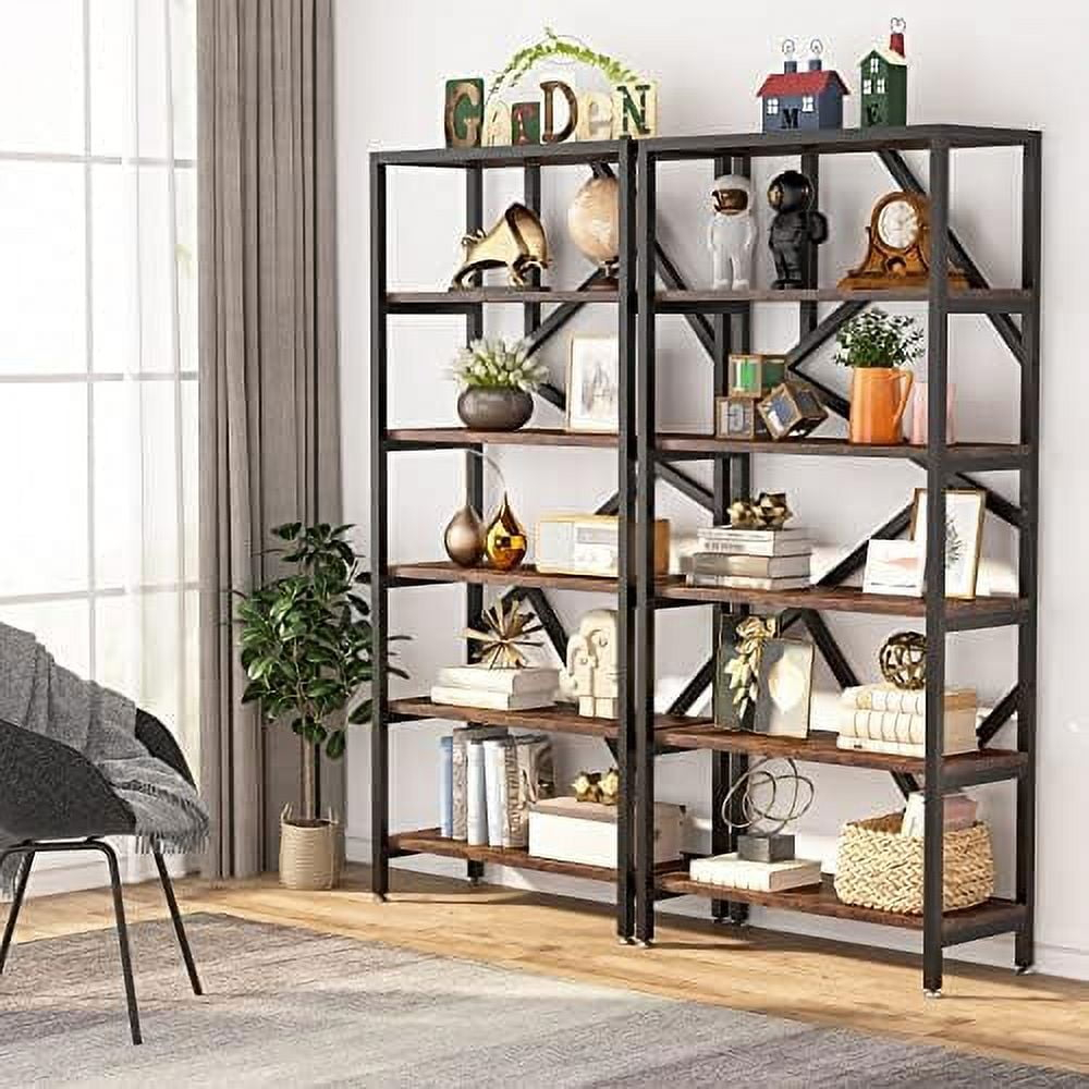 Lee 71 Inch Industrial Bookshelf, 6 Shelf Etagere Bookcase,Free Standing Open Book Shelves Storage Display Shelf Rustic Brown Wood Finish Industrial,